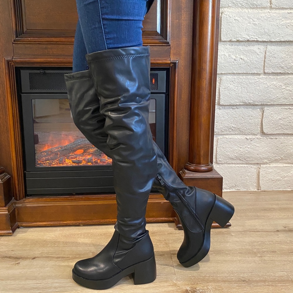 Thigh High Vegan Leather Chunky High Heel Boots OTK - Picture 10 of 13